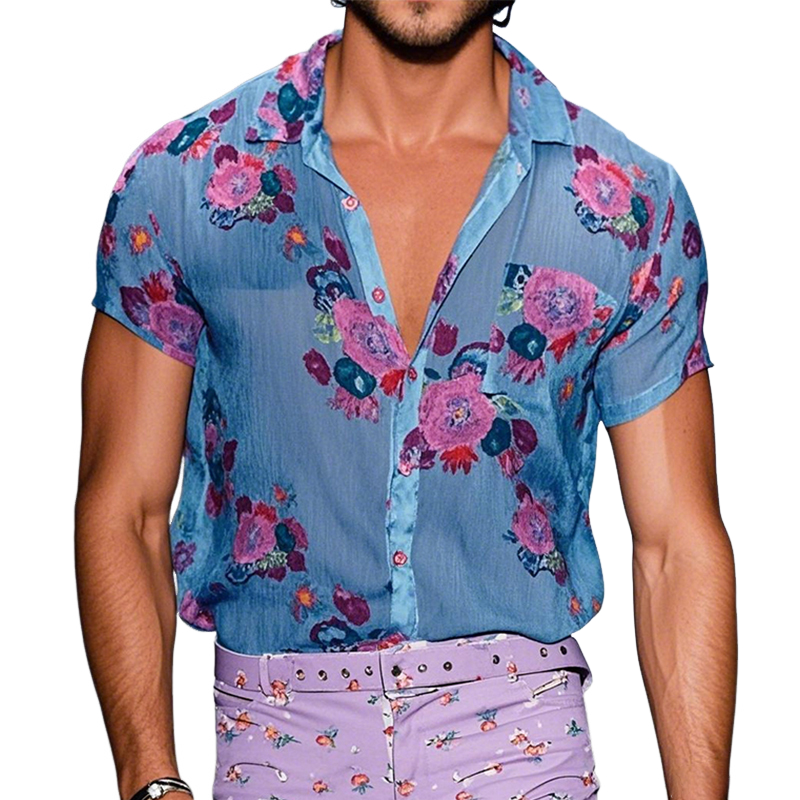【24-hour shipping out】Men's Retro Casual Mesh Printed Floral Lapel Short Sleeve Shirt MTA1435D2TO