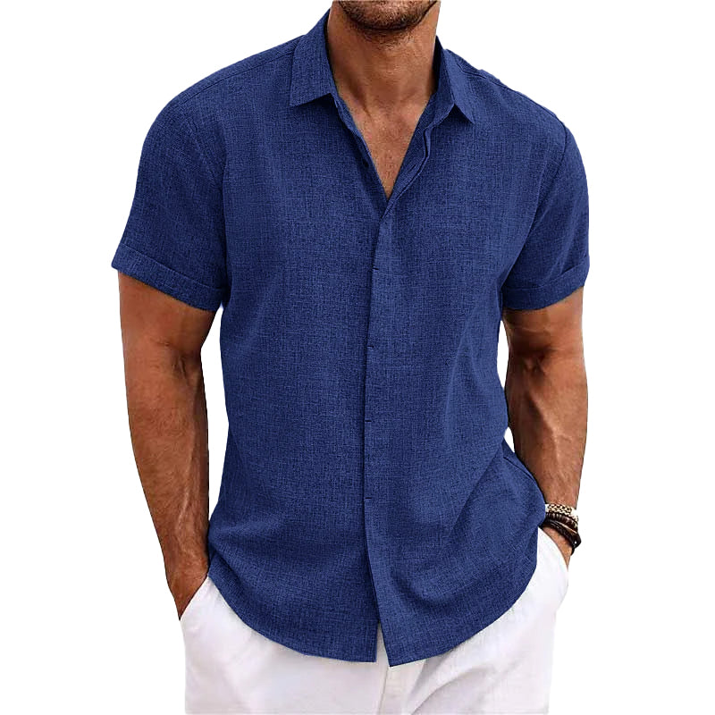【24-hour shipping out】Men's Solid Color Lapel Cotton Linen Short Sleeve Shirt 82339241X