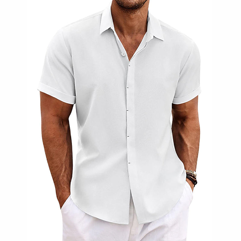 【24-hour shipping out】Men's Solid Color Lapel Cotton Linen Short Sleeve Shirt 82339241X