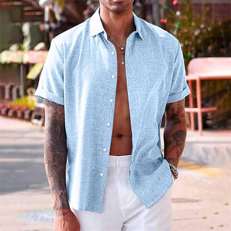 【24-hour shipping out】Men's Solid Color Lapel Cotton Linen Short Sleeve Shirt 82339241X