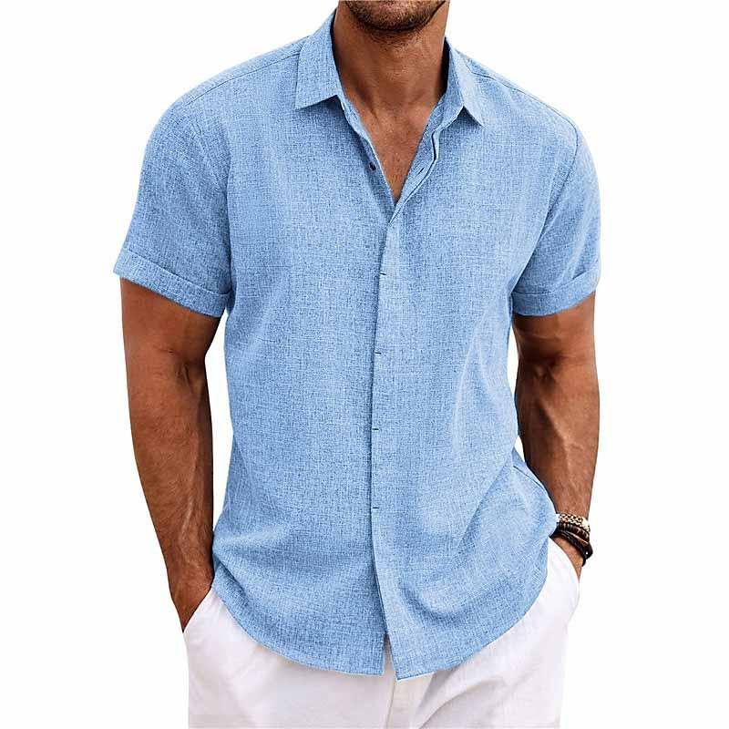 【24-hour shipping out】Men's Solid Color Lapel Cotton Linen Short Sleeve Shirt 82339241X