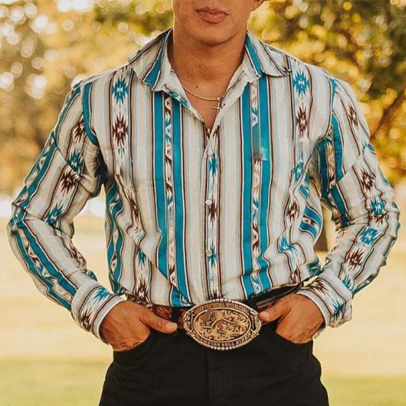 【24-hour shipping out】Men's Western Cowboy Stripe Printed Vacation Long Sleeve Shirt 43560067X