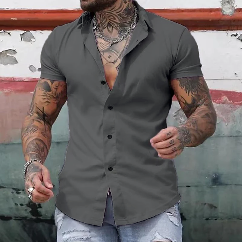【24-hour shipping out】Men's Solid Lapel Short Sleeve Sports Fitness Shirt 23811118Z