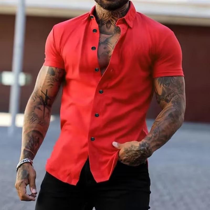 【24-hour shipping out】Men's Solid Lapel Short Sleeve Sports Fitness Shirt 23811118Z
