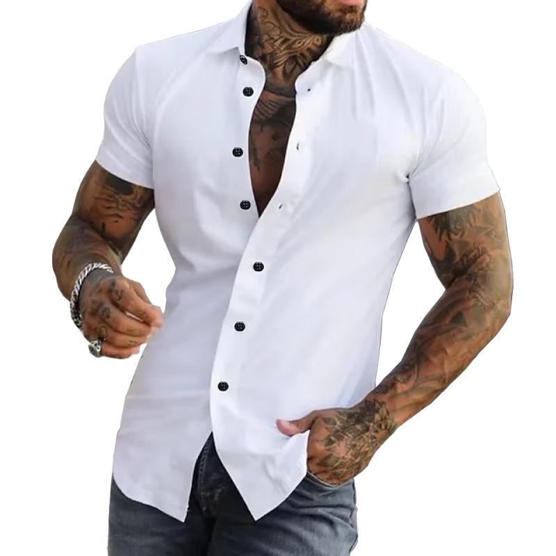 【24-hour shipping out】Men's Solid Lapel Short Sleeve Sports Fitness Shirt 23811118Z