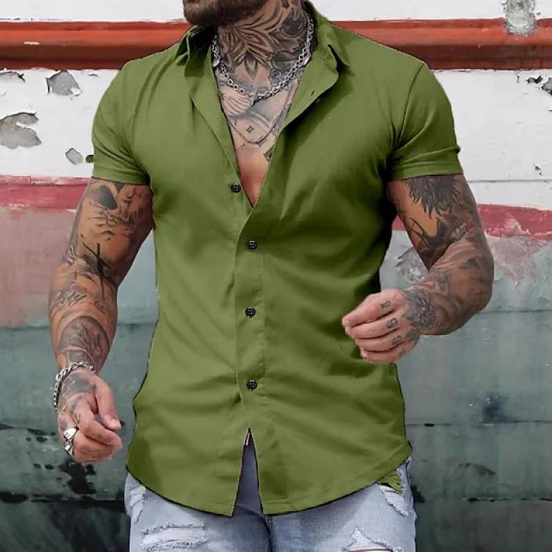【24-hour shipping out】Men's Solid Lapel Short Sleeve Sports Fitness Shirt 23811118Z